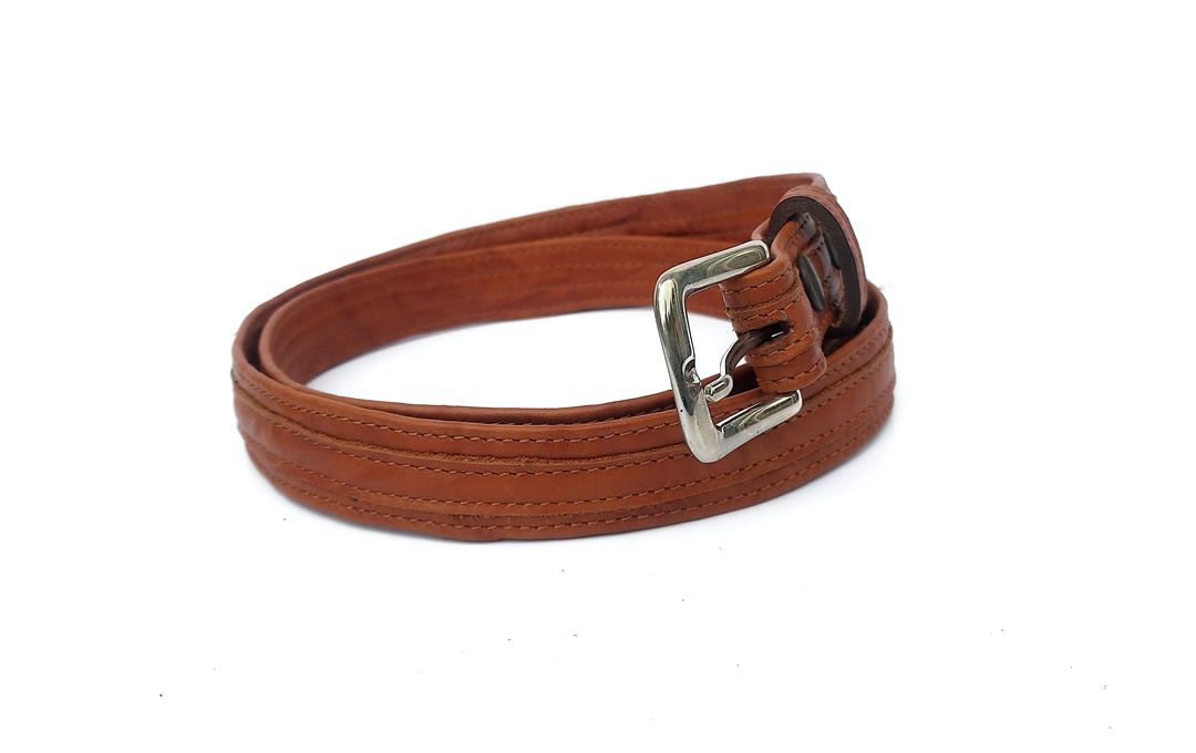Slim women tan cowhide leather belt fold edge style