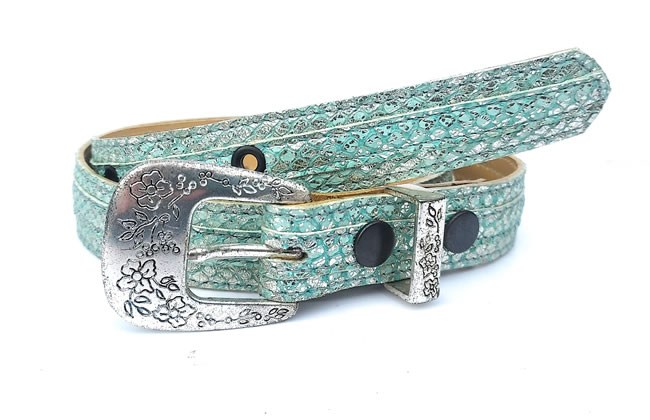 Metallic blue leather belt with floral pattern buckle