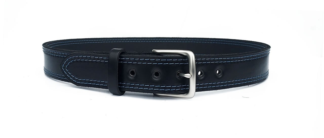 Men's full grain black leather belt, double blue line of stitching.