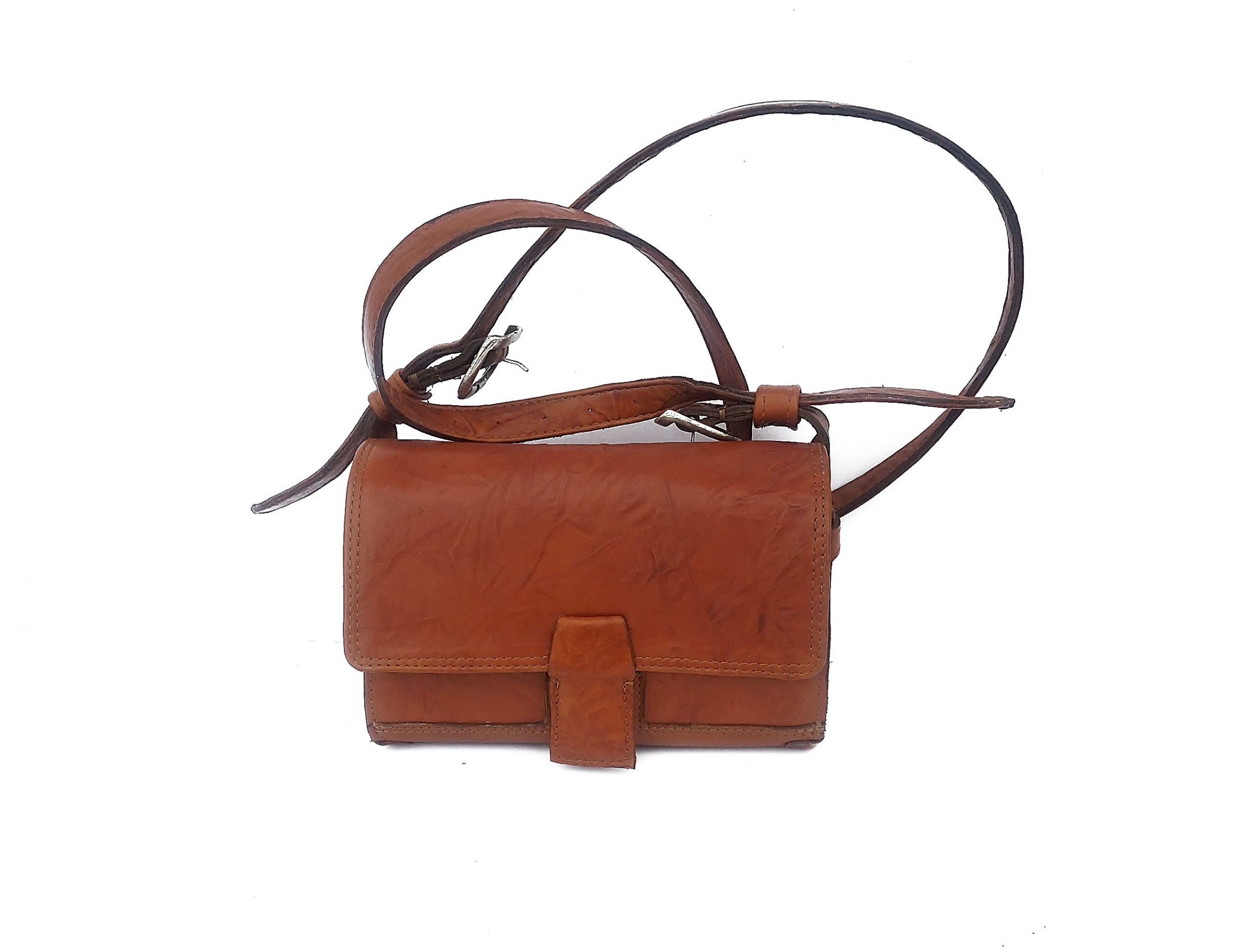 Wrinkle Distress Effect Tan Cowhide Shoulder Bag 